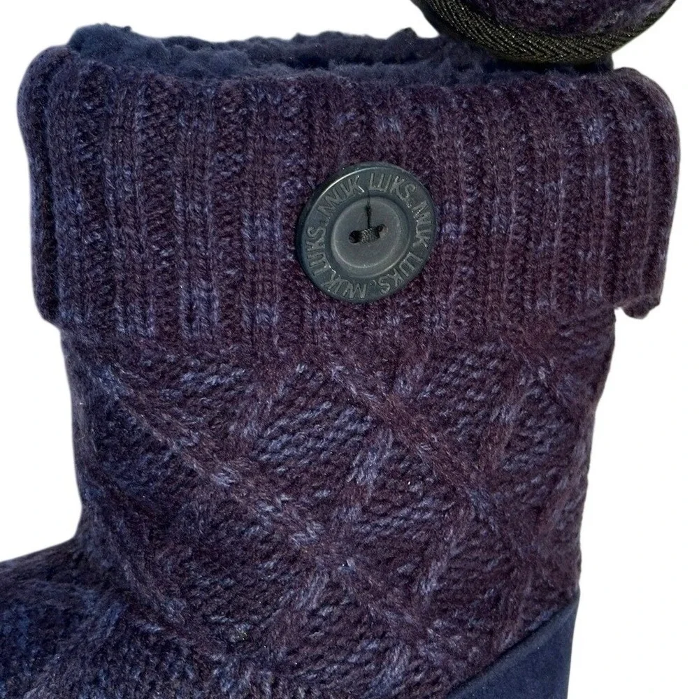 NWT Muk Luks Womens Knit Button Booties Navy‎ Black Cozy Slipper Boots Sz 7
